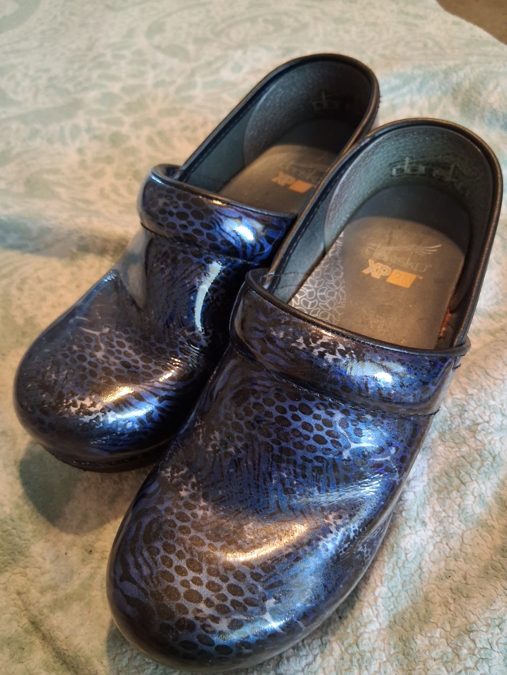 Dansko Metallic Blue Patterned Clogs